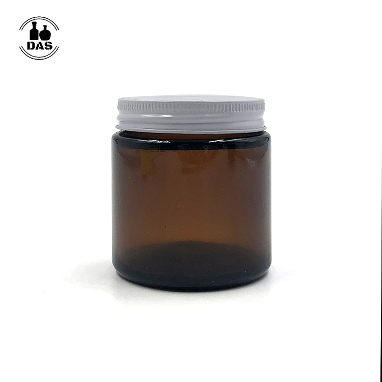Straight sided 4oz amber glass jar for face cream with white aluminium lid