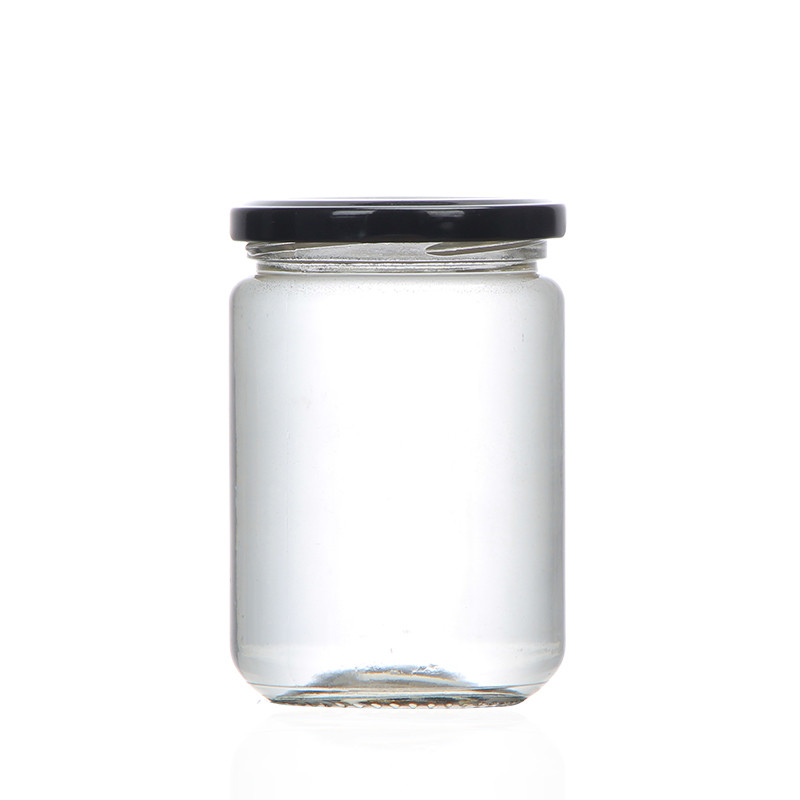 Straight sided round clear glass honey food jam jar with twist off lug gold metal lid