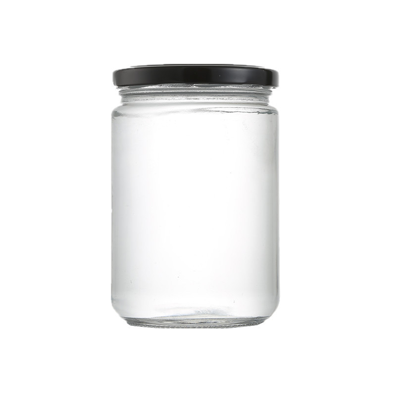Straight sided round clear glass honey food jam jar with twist off lug gold metal lid