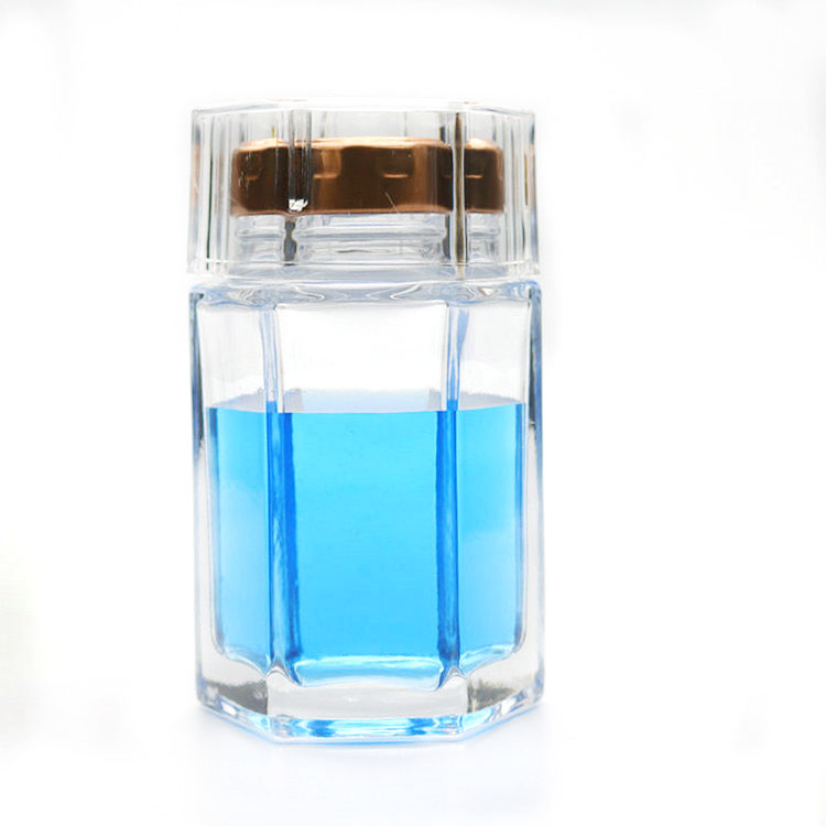 Strong hexagonal shaped glass food container with copper twist-off vinegar-proof lid