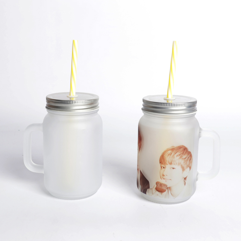 Sublimation Mason Jar 430ML Customized Glass Matte Jar with Handle Lid Straw Beer Juice Tea Coffee Mug