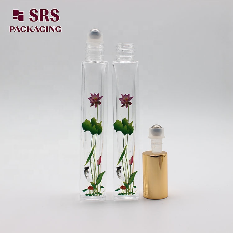 Super September New Designs 10ml Packaging Empty Glass Perfume Oil Roll On Bottles With Lotus Flower Printing