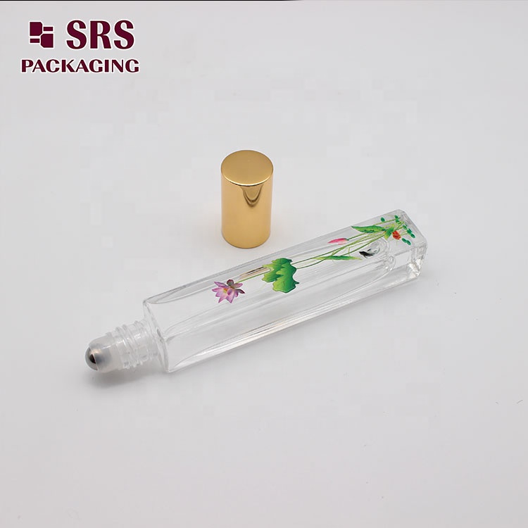 Super September New Designs 10ml Packaging Empty Glass Perfume Oil Roll On Bottles With Lotus Flower Printing