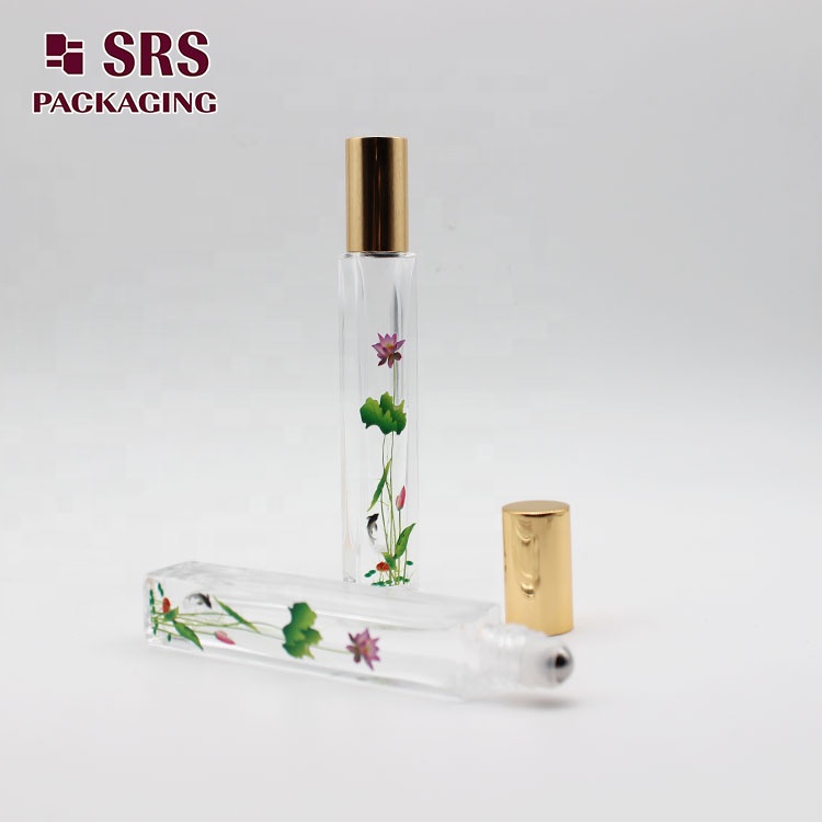 Super September New Designs 10ml Packaging Empty Glass Perfume Oil Roll On Bottles With Lotus Flower Printing