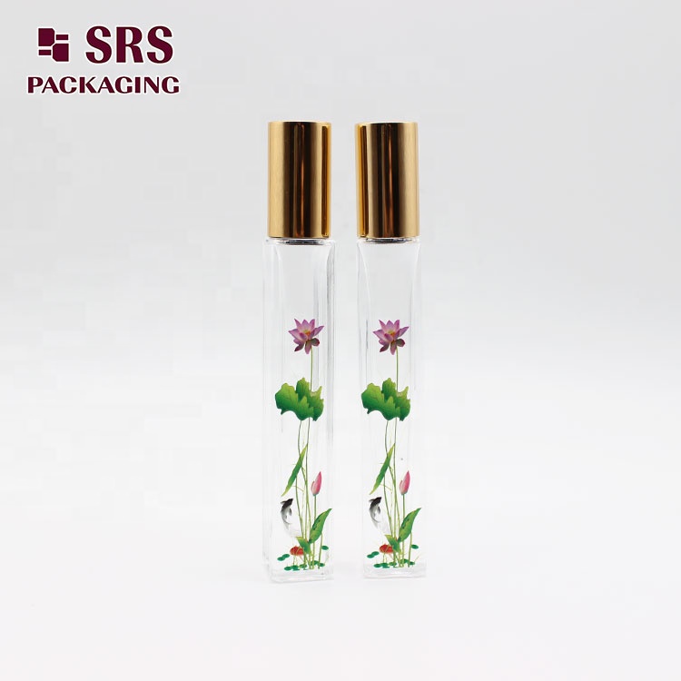 Super September New Designs 10ml Packaging Empty Glass Perfume Oil Roll On Bottles With Lotus Flower Printing