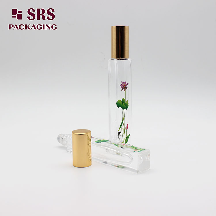 Super September New Designs 10ml Packaging Empty Glass Perfume Oil Roll On Bottles With Lotus Flower Printing
