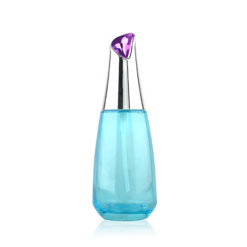 Super design blue clear glass pump bottles for skincare with aluminum cap