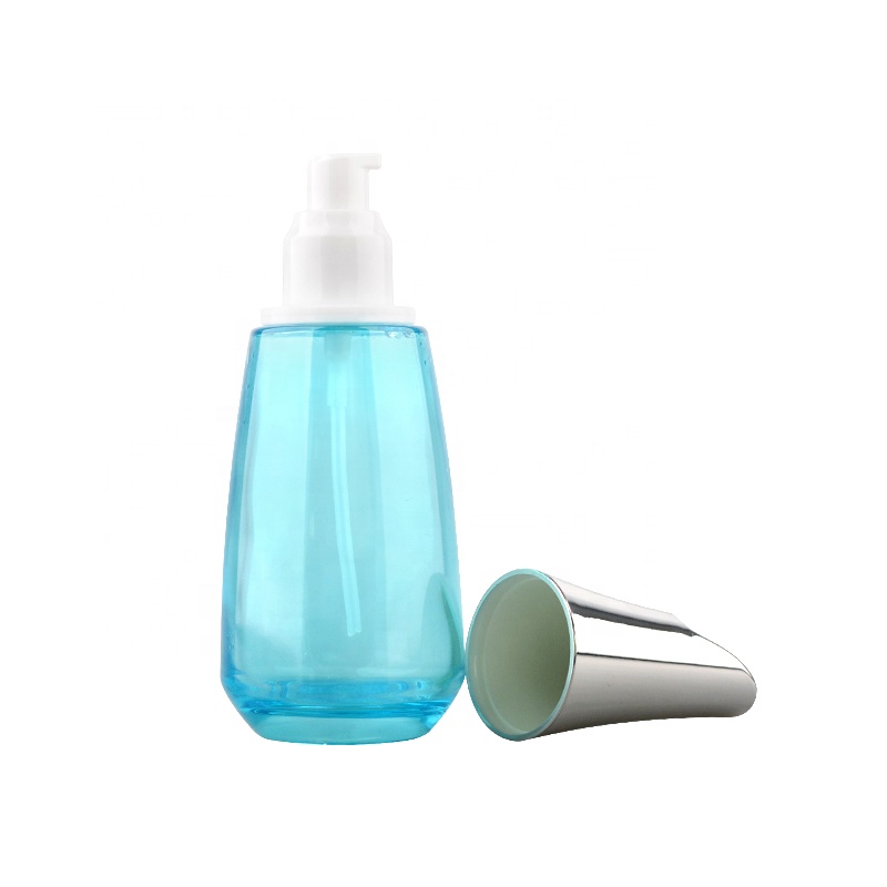 Super design blue clear glass pump bottles for skincare with aluminum cap
