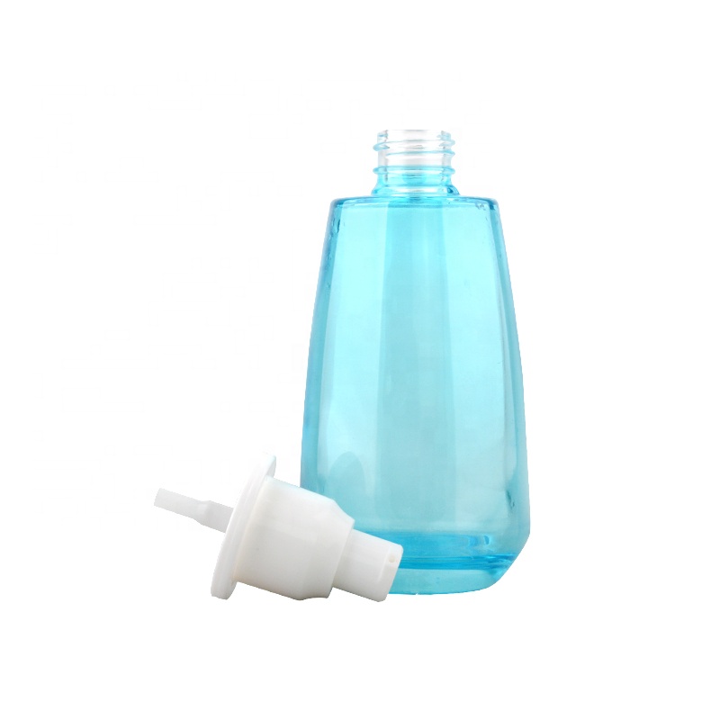 Super design blue clear glass pump bottles for skincare with aluminum cap
