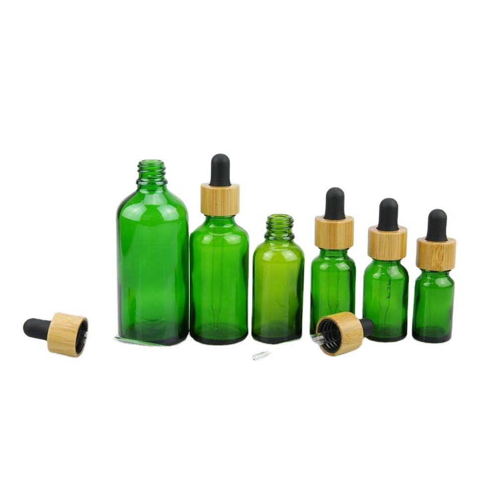 Super quality green color glass essential oil bottle with 18/415 bamboo dropper cap
