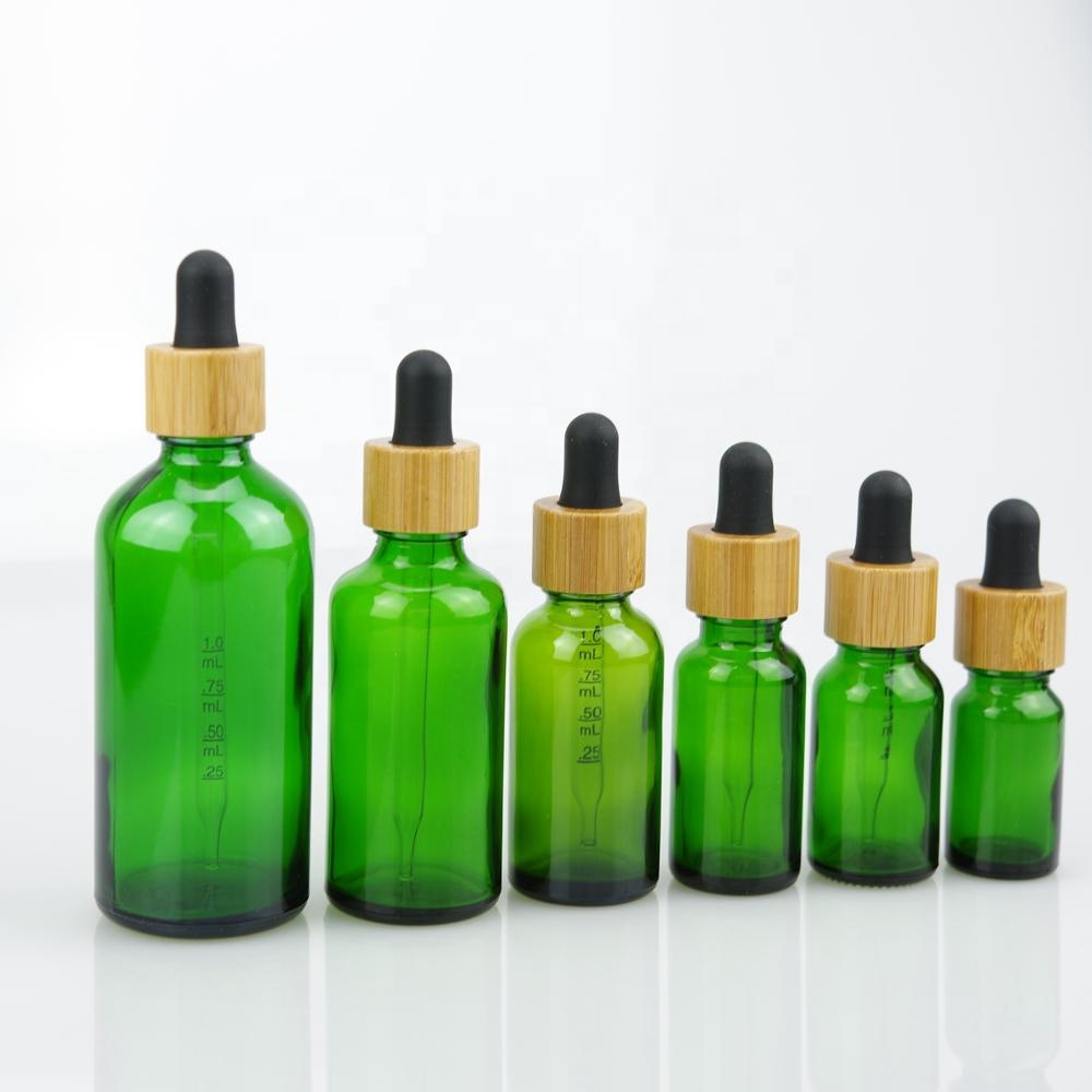 Super quality green color glass essential oil bottle with 18/415 bamboo dropper cap