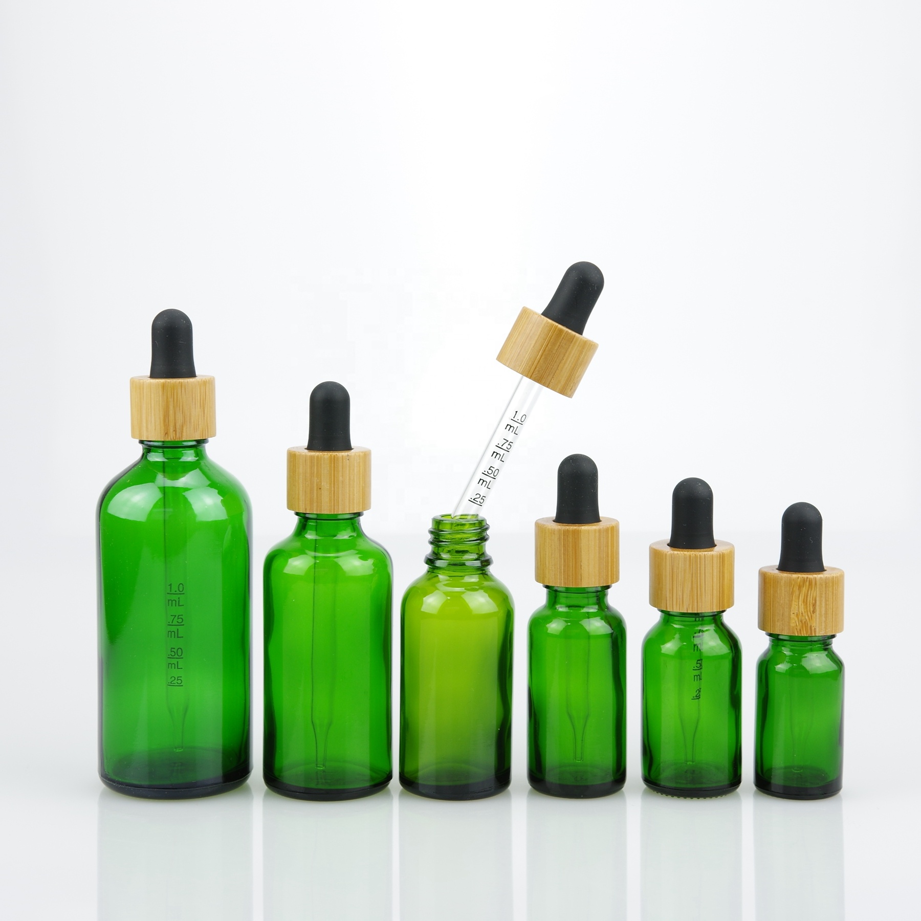 Super quality green color glass essential oil bottle with 18/415 bamboo dropper cap