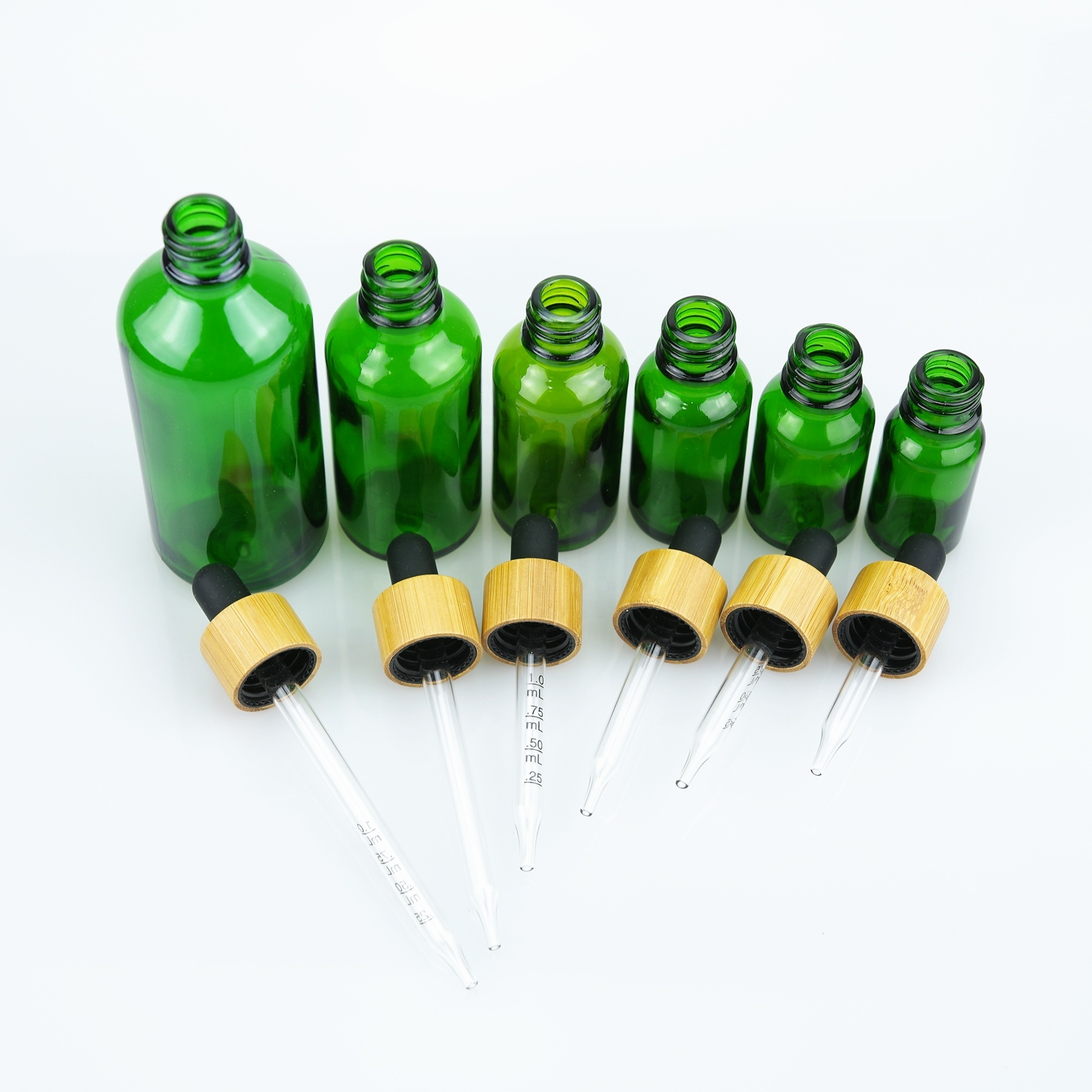 Super quality green color glass essential oil bottle with 18/415 bamboo dropper cap