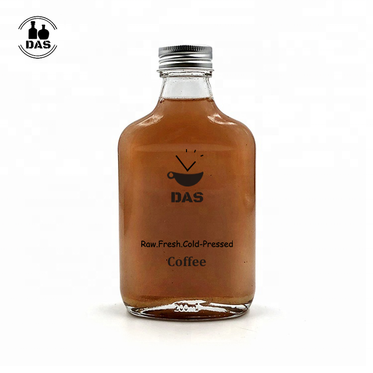 Supplier 100ml 200ml Beverage Wine Juice Clear Cold Brew Coffee Liquor Flat Flask Glass Bottle with Aluminum Lid