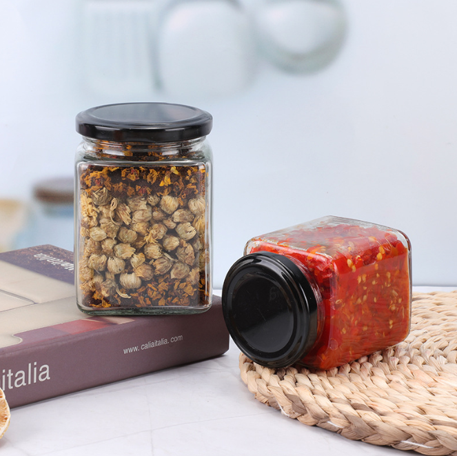 Suppliers Custom Empty Square Food Storage Screw Lids Glass Jars, Wholesale Recycled Glass Jars