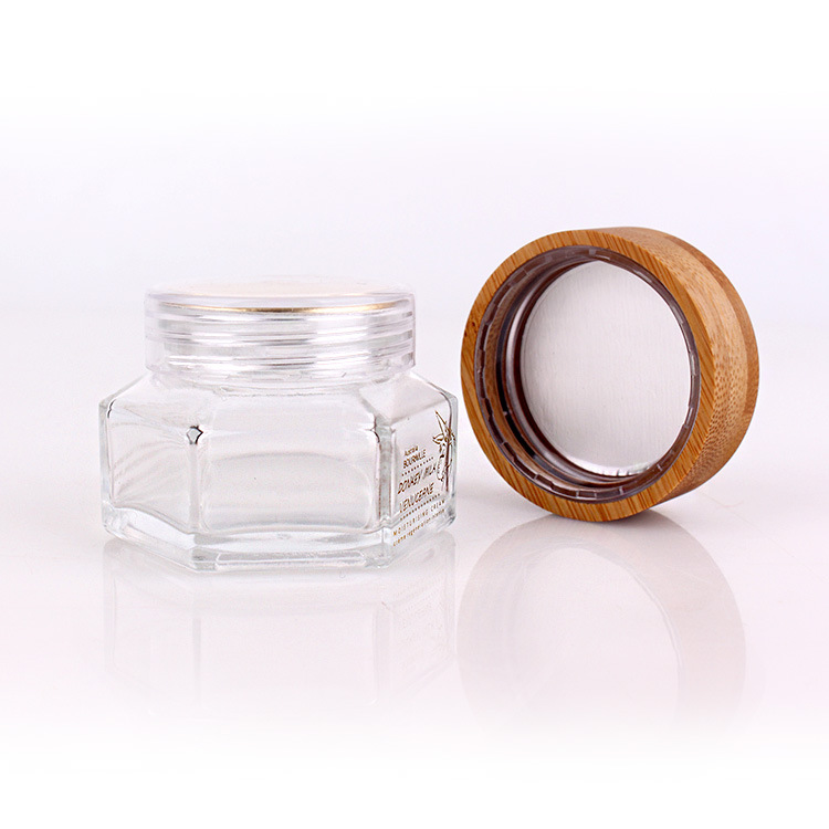 Suppliers Wholesale 50ml Transparent Hexagonal Cosmetic Glass Jar With Bamboo Lid