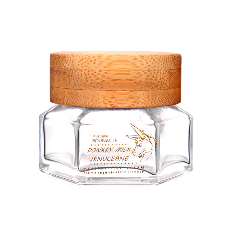 Suppliers Wholesale 50ml Transparent Hexagonal Cosmetic Glass Jar With Bamboo Lid