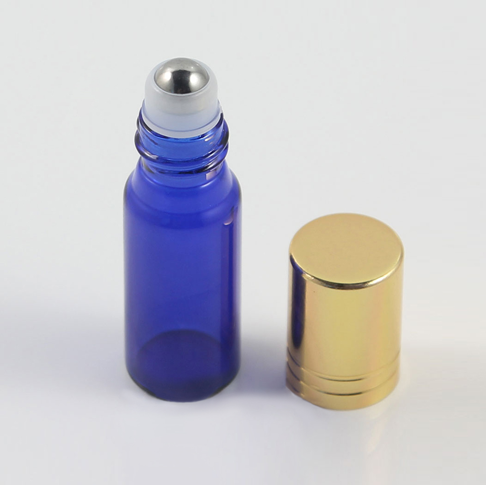 Supply 5ml blue eye serum roll on bottle with aluminum cap, essential oil bottles with ball