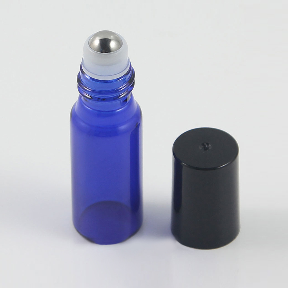 Supply 5ml blue eye serum roll on bottle with aluminum cap, essential oil bottles with ball