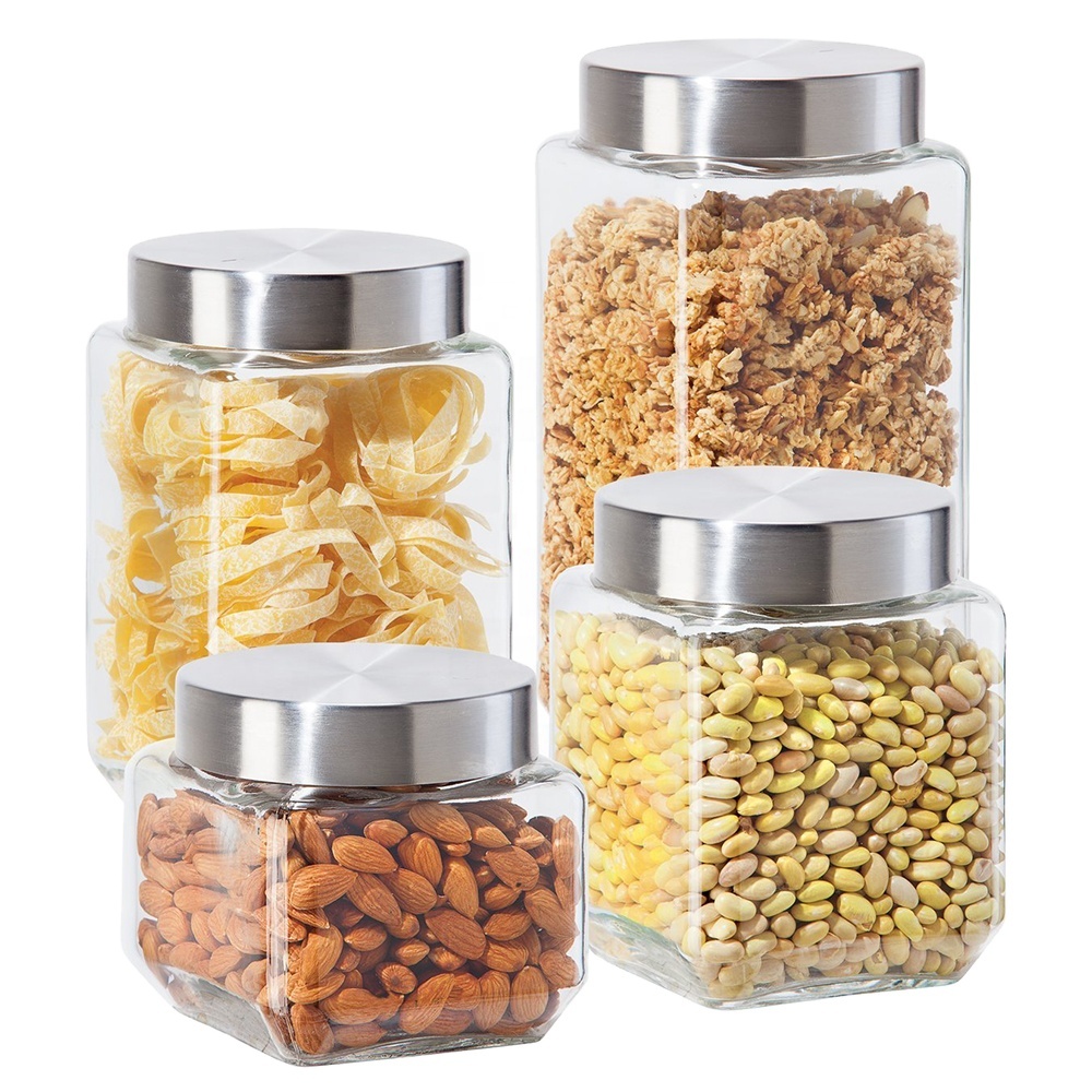 Supply empty transparent glass storage jars cereal grains food storage bottles with cap