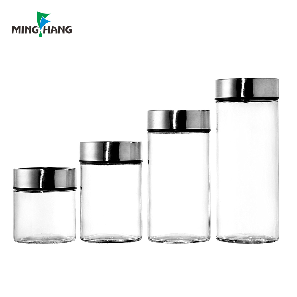 Supply empty transparent glass storage jars cereal grains food storage bottles with cap