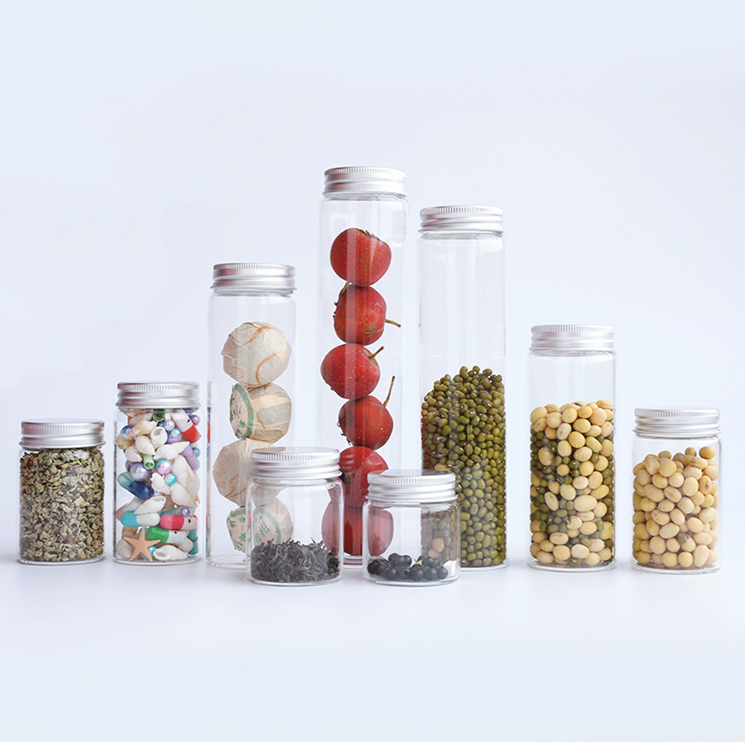 Support for custom 50ml to 260ml high borosilicate clear tube type glass jar with sliver or gold aluminum cap glass jar