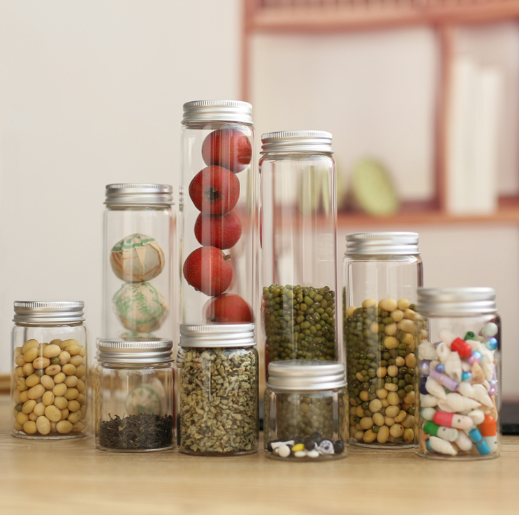 Support for custom 50ml to 260ml high borosilicate clear tube type glass jar with sliver or gold aluminum cap glass jar