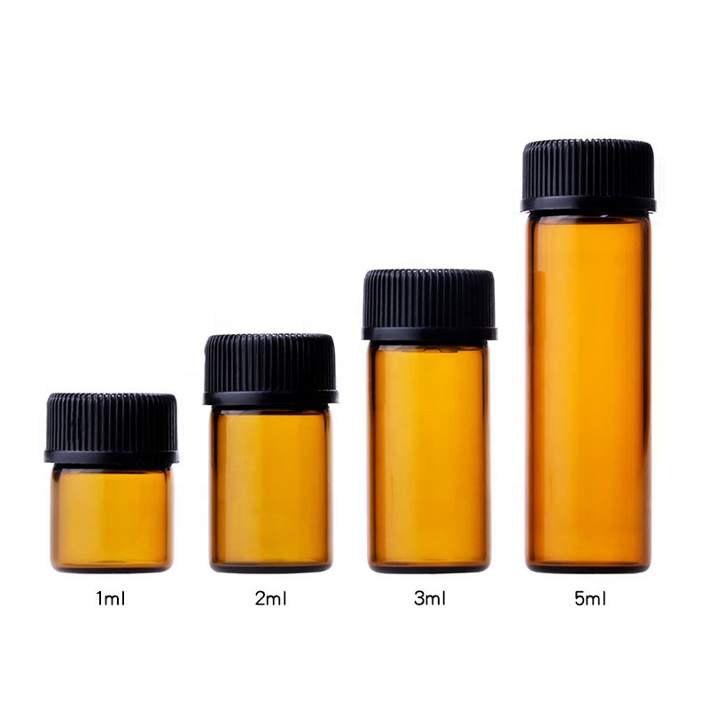 Taiwan style small capacity 1ml 2ml 3ml 5ml amber essential oil travel glass bottle with black screw cap