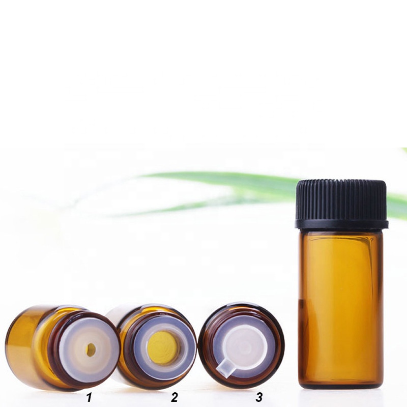 Taiwan style small capacity 1ml 2ml 3ml 5ml amber essential oil travel glass bottle with black screw cap