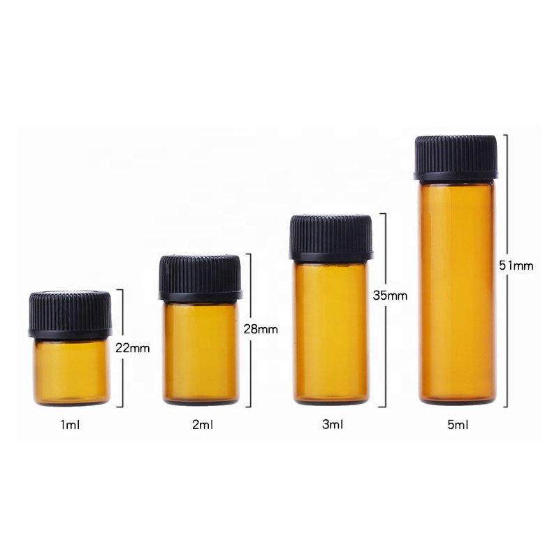Taiwan style small capacity 1ml 2ml 3ml 5ml amber essential oil travel glass bottle with black screw cap