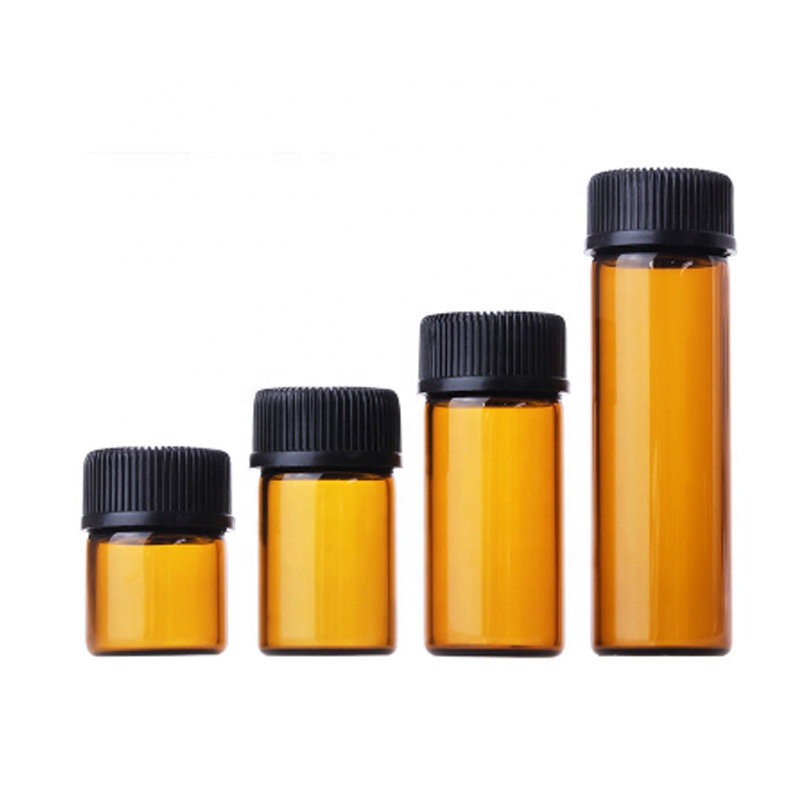 Taiwan style small capacity 1ml 2ml 3ml 5ml amber essential oil travel glass bottle with black screw cap