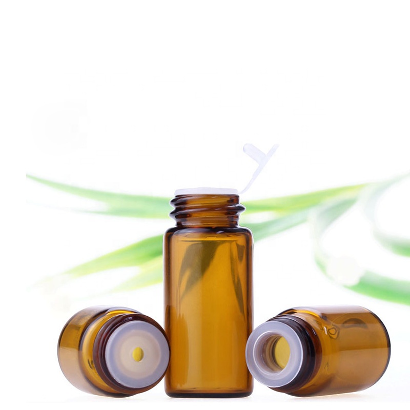 Taiwan style small capacity 1ml 2ml 3ml 5ml amber essential oil travel glass bottle with black screw cap