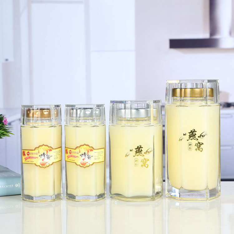 Tall Hexagon Bird Nest Glass Jars Bottles High Quality Health Supplements Glass Jar ISO Grade Glass Container for Drinks