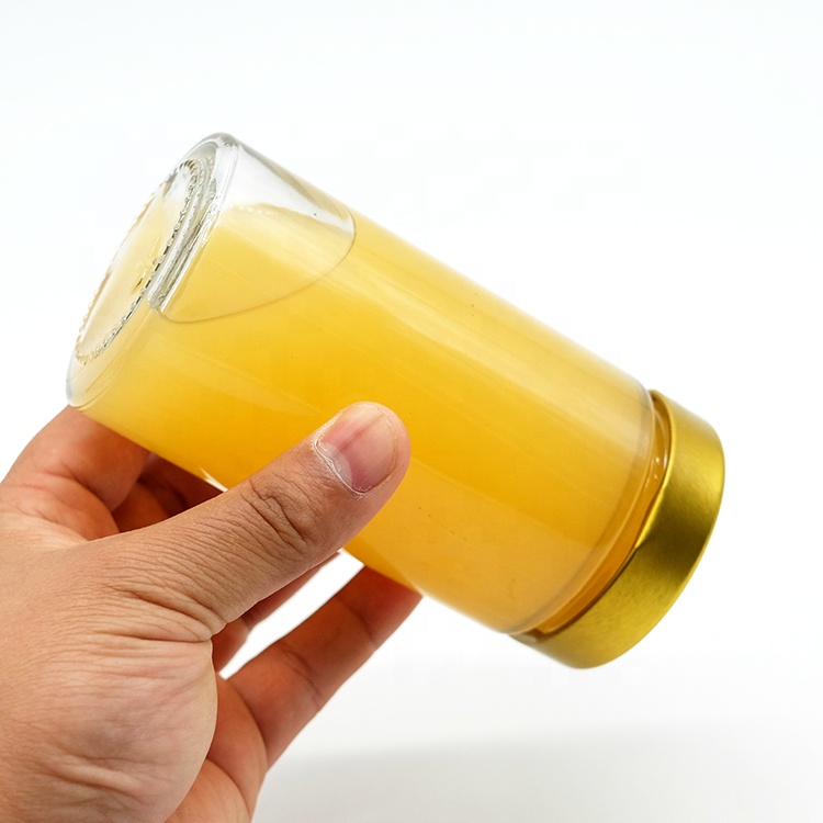 Tall Slim Round Glass Honey Jar Glass Honey Bee Storage Jar Crackle Glass Jar with Gold Color Tinplate Lid