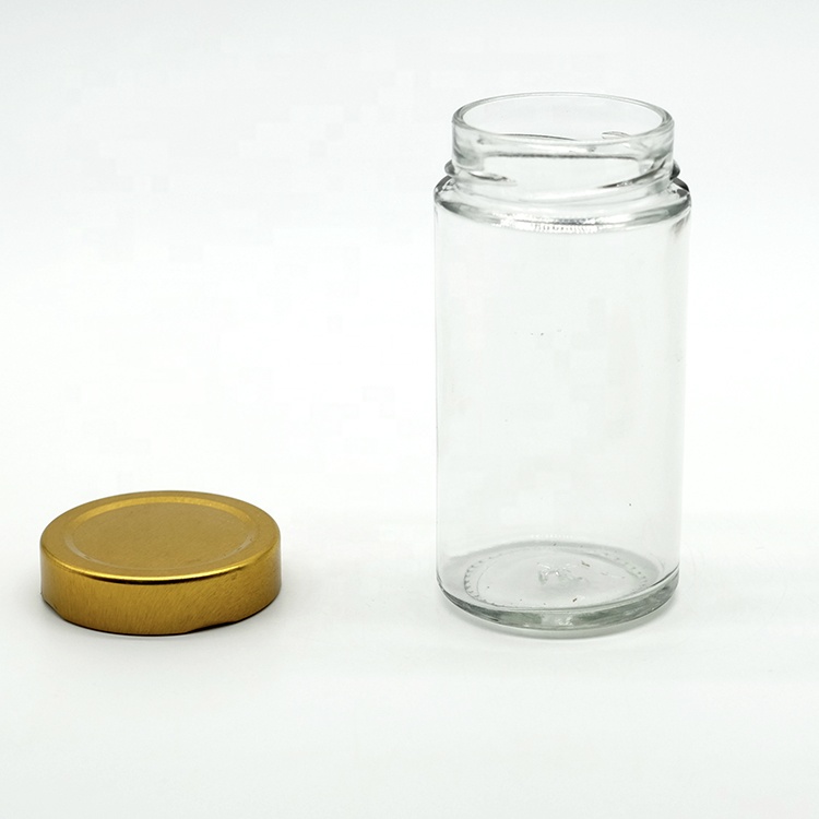 Tall Slim Round Glass Honey Jar Glass Honey Bee Storage Jar Crackle Glass Jar with Gold Color Tinplate Lid