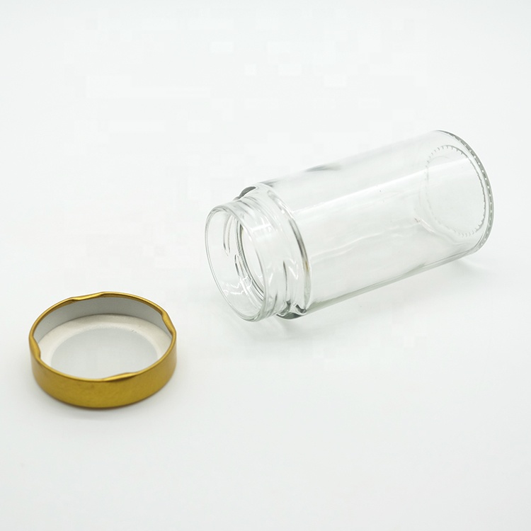 Tall Slim Round Glass Honey Jar Glass Honey Bee Storage Jar Crackle Glass Jar with Gold Color Tinplate Lid