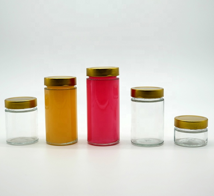 Tall Slim Round Glass Honey Jar Glass Honey Bee Storage Jar Crackle Glass Jar with Gold Color Tinplate Lid