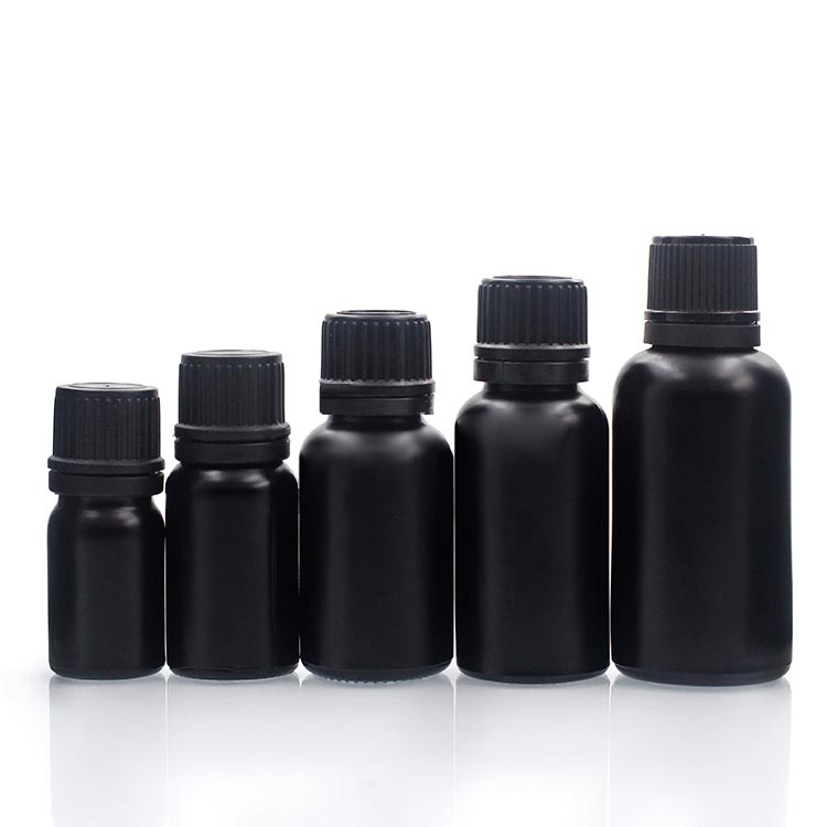 Tamper evident cap self dispensing dripper matte black essential oil 10ml 15ml 30ml 50ml glass bottle