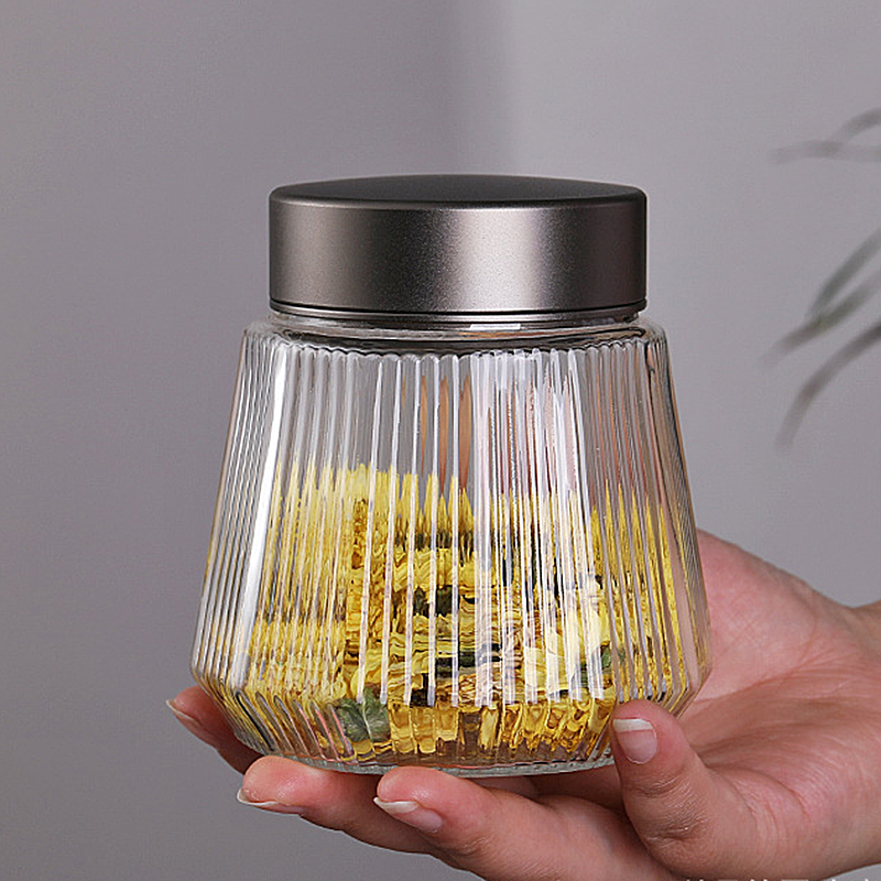 Tea Glass Storage Jar with Metal Lid Airtight Food Storag Container Glass