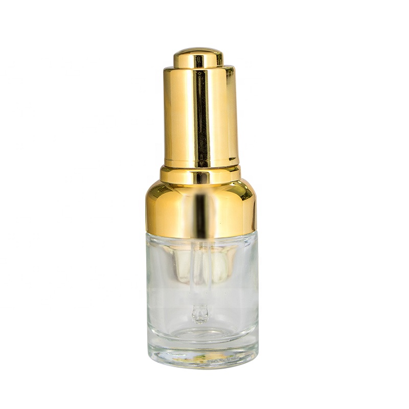 Thick Bottom Clear Glass Round Shoulder Serum Press Dropper Bottle For Cosmetic Essential Oil Package