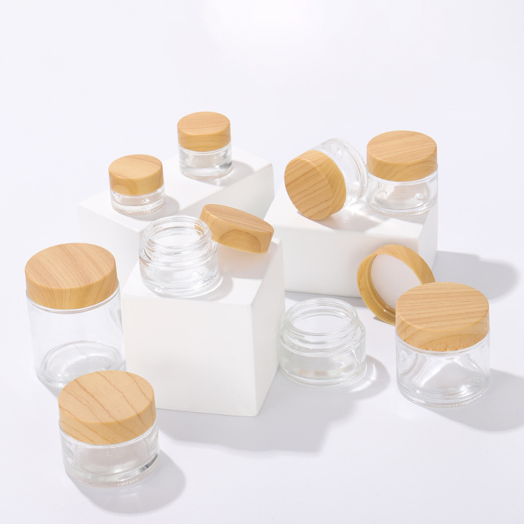 Thick Clear Glass Cream Jar 5g to 100g Cosmetic Cream Container with Wooden Lid