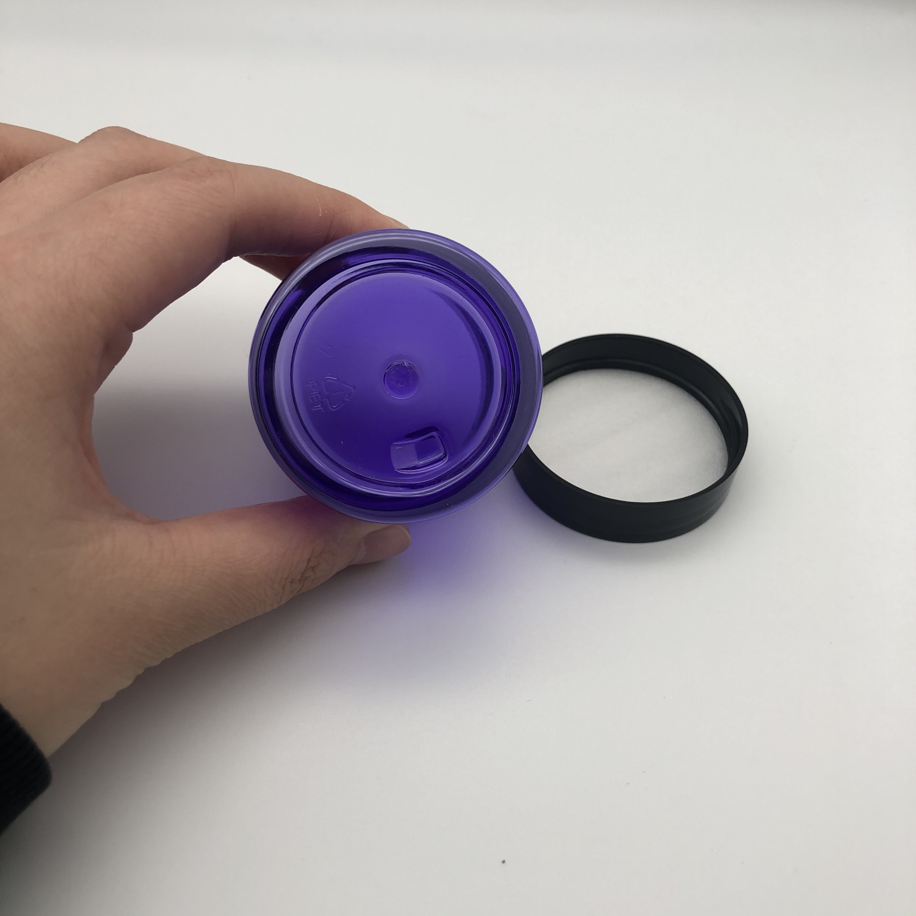 Thick Wall Round PURPLE CLEAR Plastic Container Jars with Black Flat Top Lids