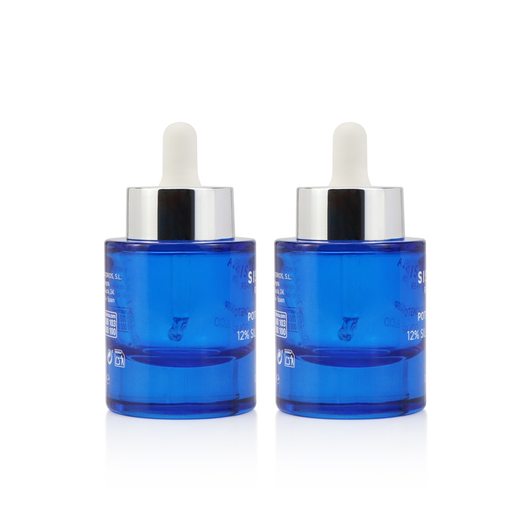 Thick bottom 1 oz 30ml clear blue flat shoulder cylinder glass dropper bottle for serum essential oil