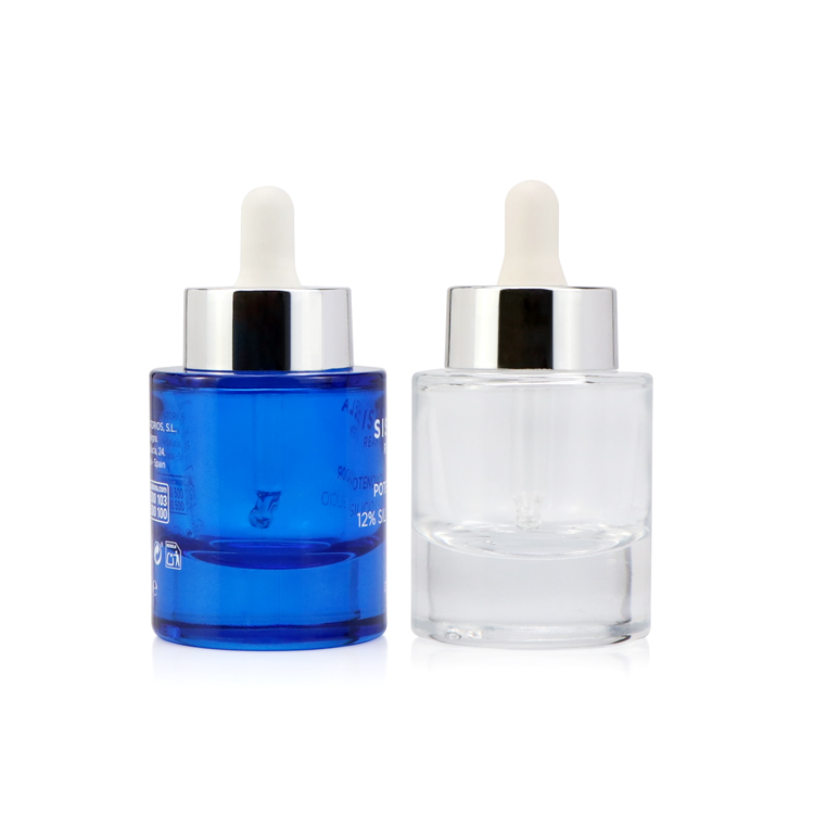 Thick bottom 1 oz 30ml clear blue flat shoulder cylinder glass dropper bottle for serum essential oil