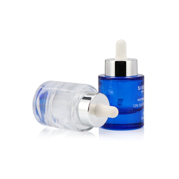 Thick bottom 1 oz 30ml clear blue flat shoulder cylinder glass dropper bottle for serum essential oil