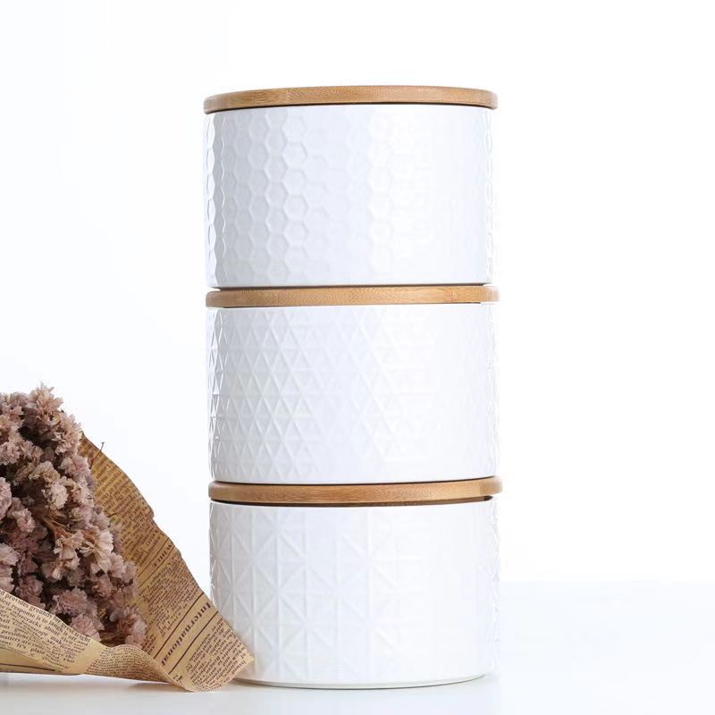 Three Piece White Bamboo Lid Creative Ceramic Jar Custom Sealed Storage Can Set Tea Can