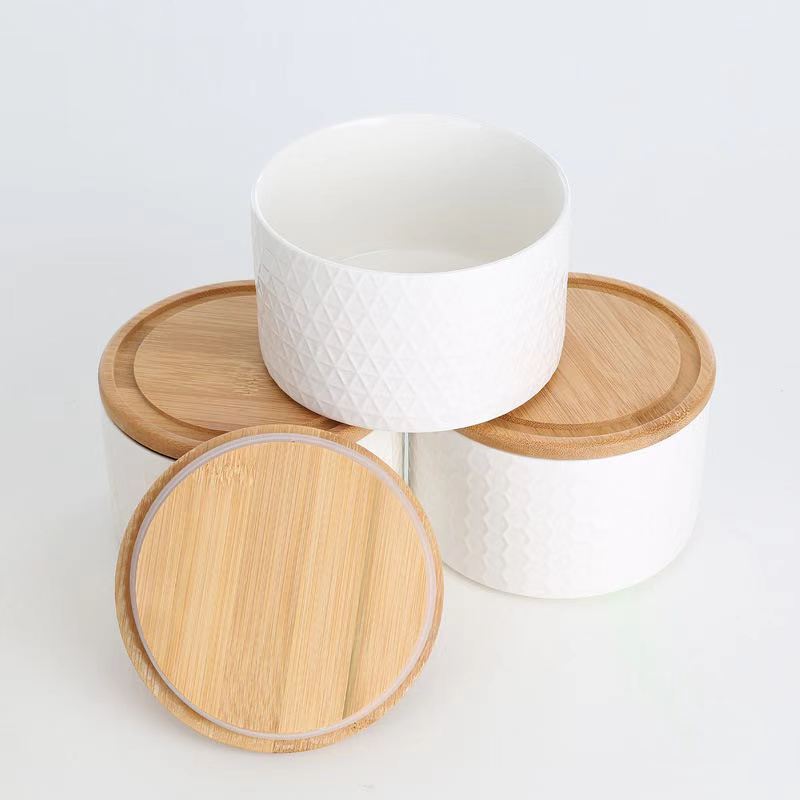 Three Piece White Bamboo Lid Creative Ceramic Jar Custom Sealed Storage Can Set Tea Can