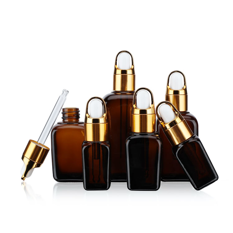 Top Grade 20ml 30ml 50ml 100ml amber glass eye face cosmetic packaging eliquid Square Essential oil bottle with dropper cap