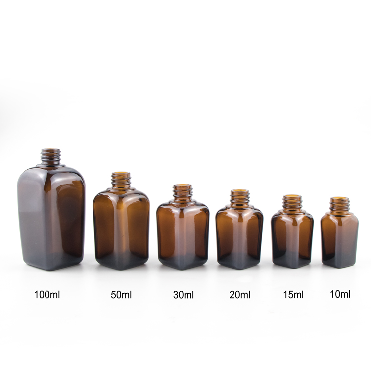 Top Grade 20ml 30ml 50ml 100ml amber glass eye face cosmetic packaging eliquid Square Essential oil bottle with dropper cap