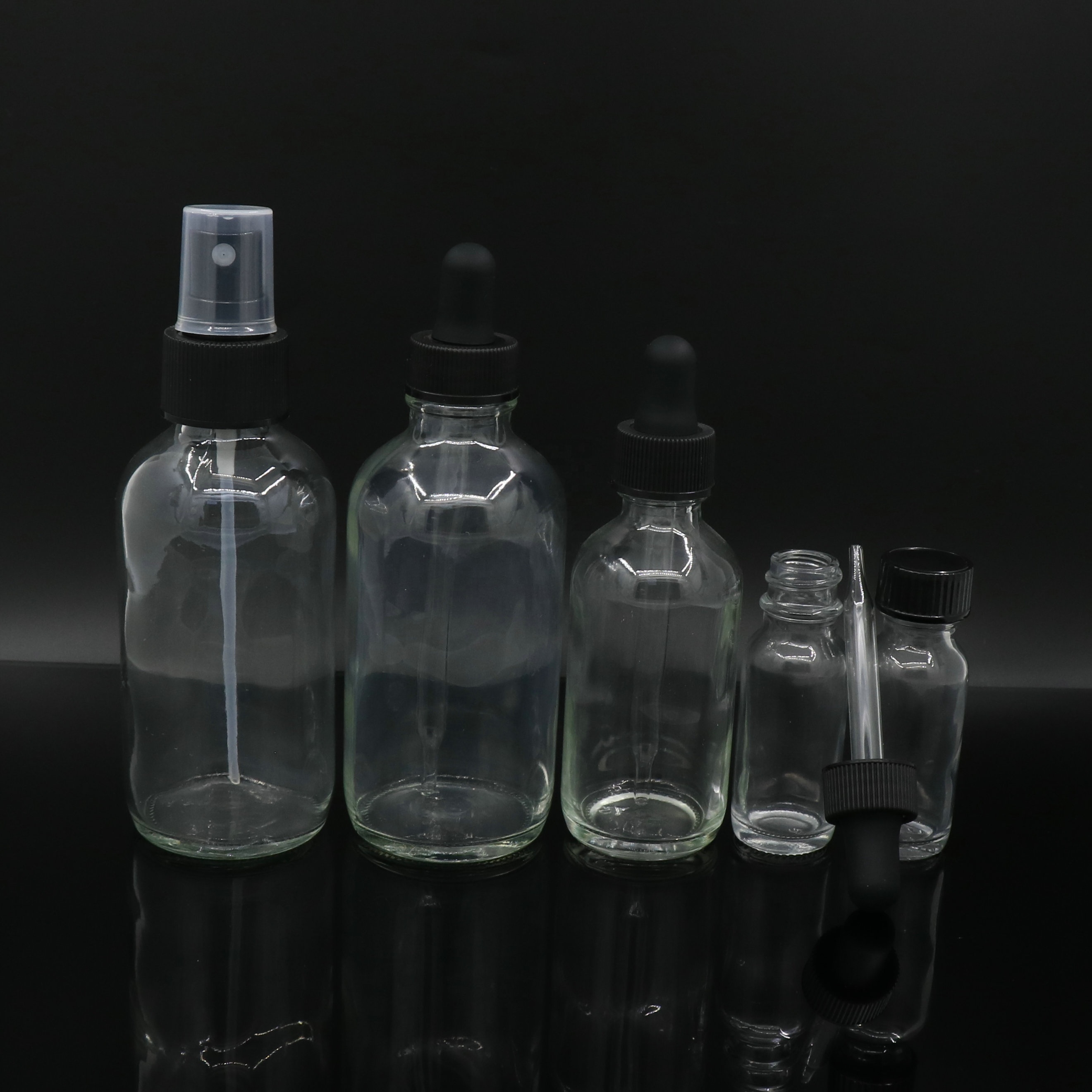 Top Quality 30 ml Clear Amber Boston Round Glass Pump Spray Bottle 30ml Wholesale with White Black Fine-mist Sprayers